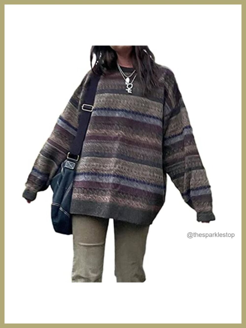 Y2K Argyle Striped Pullover Sweater Long Sleeve Round Neck Retro Knitwear